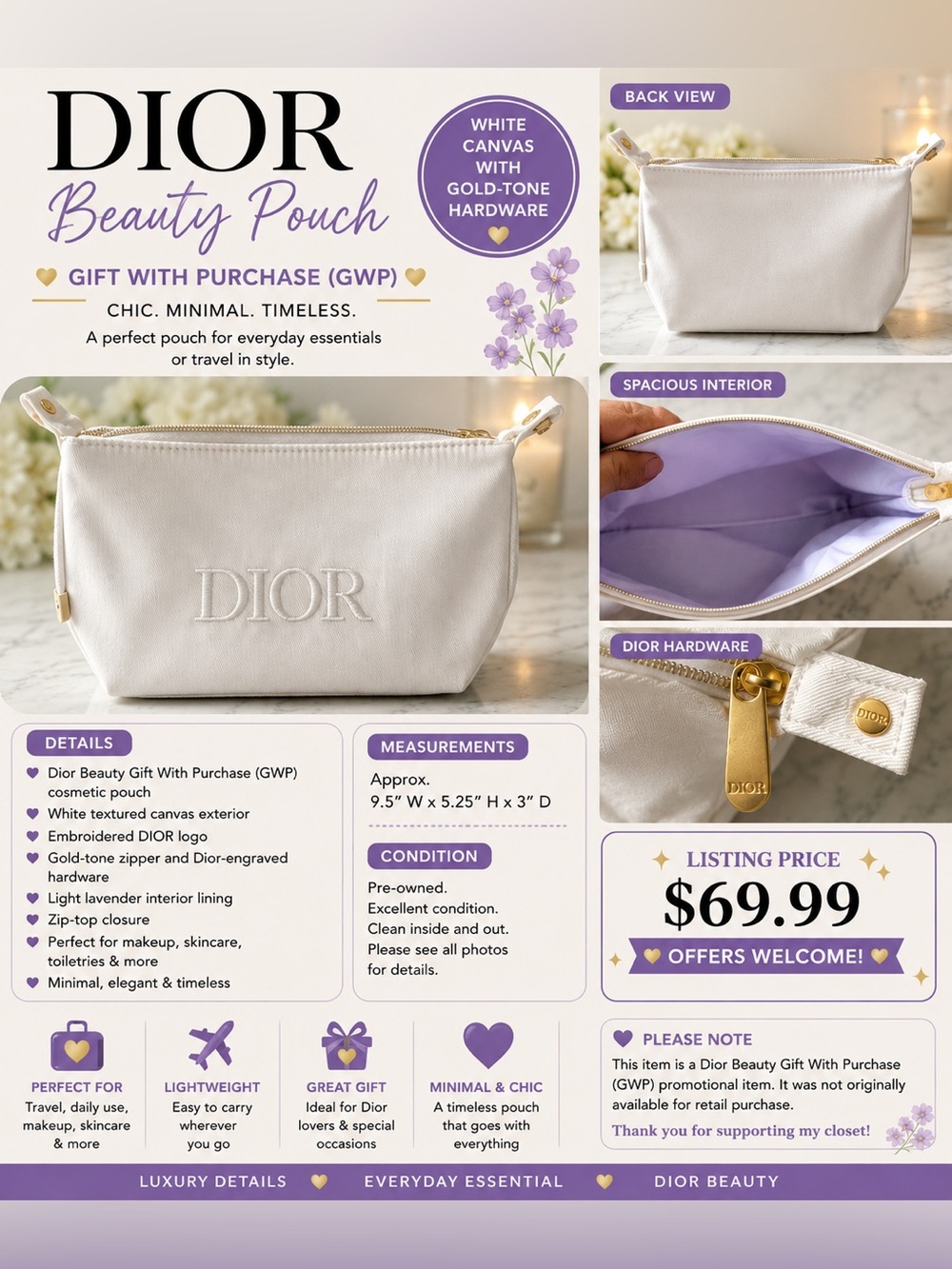 Dior Beauty White Cosmetic Pouch GWP Gold-Tone Hardware